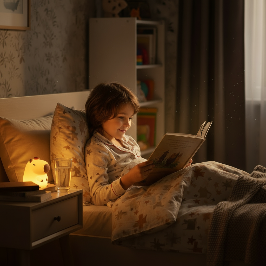 Niño leyendo con lámpara nocturna pequeña